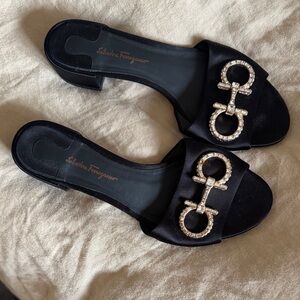 Salvatore Ferragamo Black Satin Crystal-Trim Horsebit Slide Mules